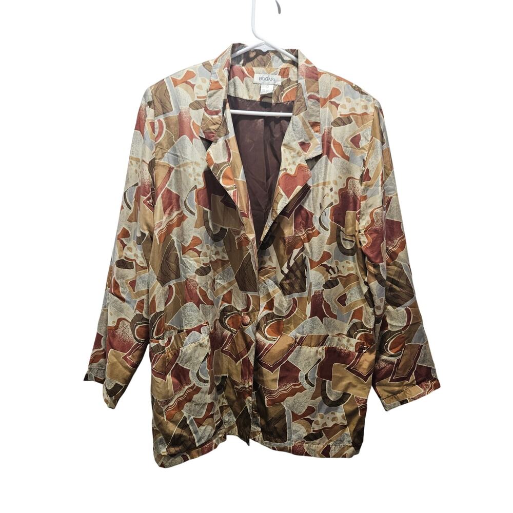 Vintage Bogari 100% Silk Blazer with shoulder pads Size L Geometric Neutral
